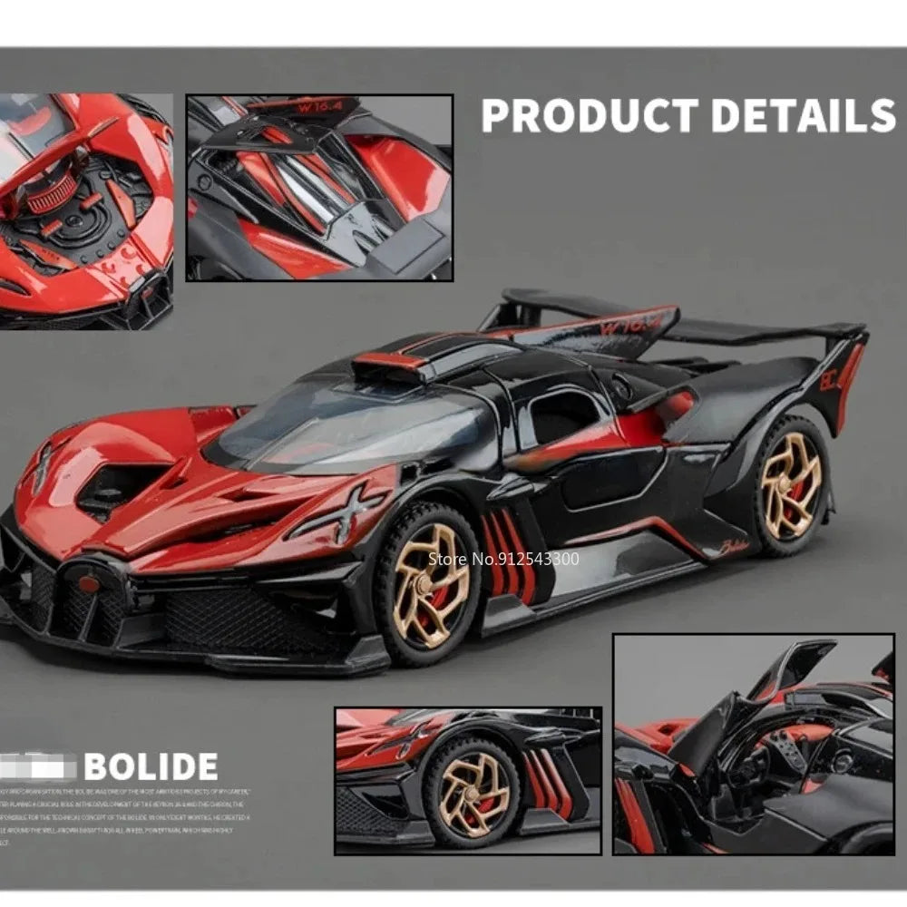 1/32 Bugatti Bolide Alloy Sports Car Model — Diecast Metal Vehicle with Sound & Light, Pull-Back Toy for Boys