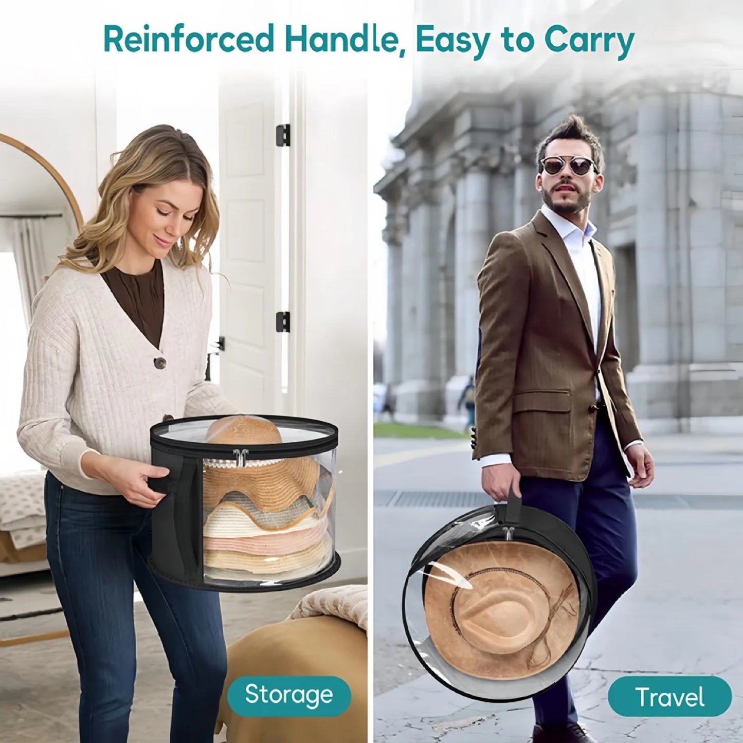 Foldable Hat Storage Bucket Bag – Travel Organizer with Handle & Clear Window for Wide Brim Hats