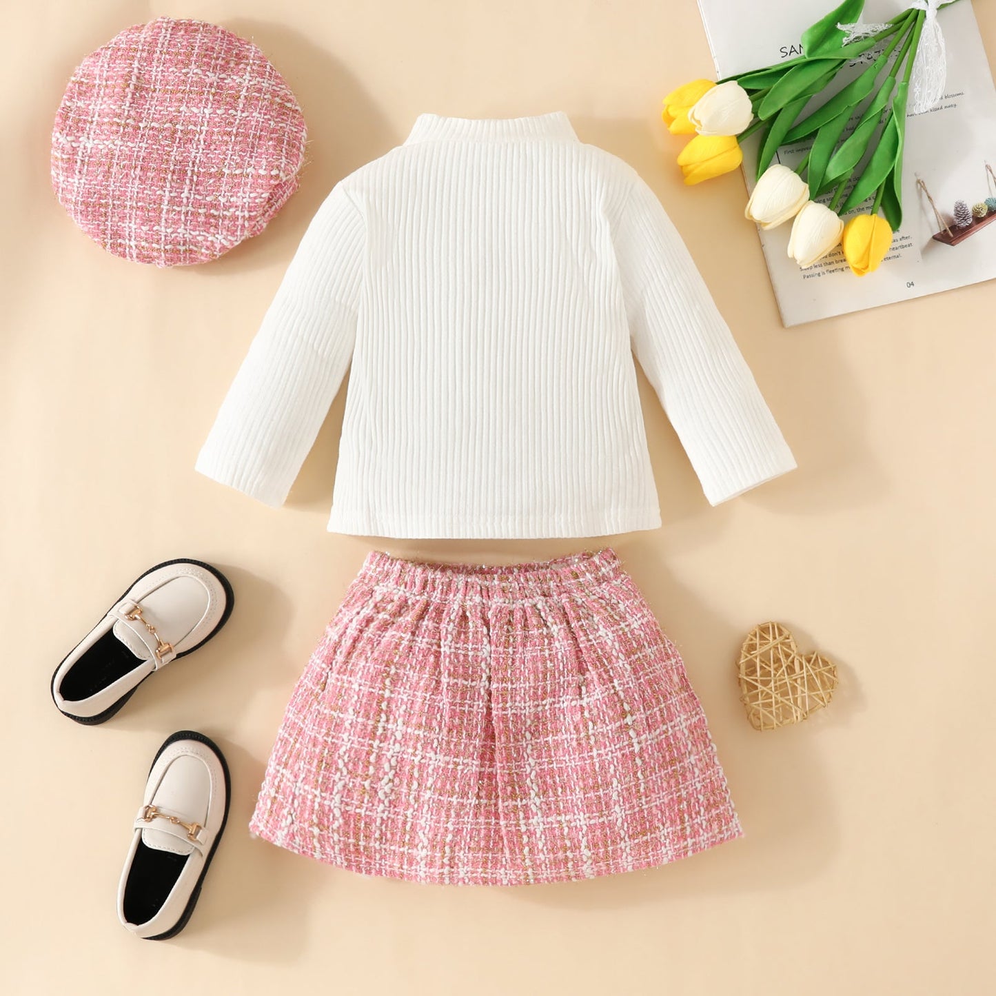 ma&baby Toddler Girls Clothes Set – Knit Long Sleeve Top, Plaid Skirt & Hat, 6M-3Y Fall & Spring Outfit