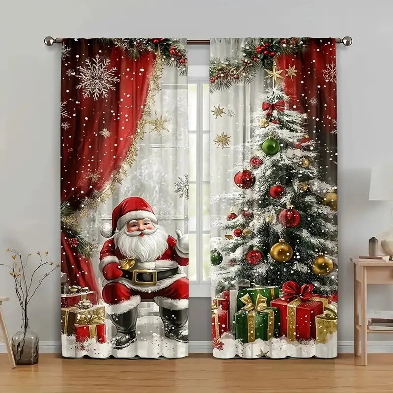2pcs Christmas Santa Claus & Holiday Pattern Printed Curtains – Pole Bag Home & Room Decoration