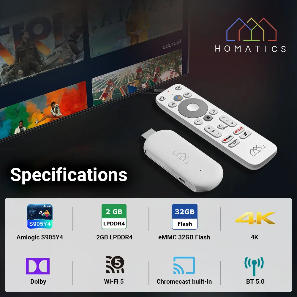 HOMATICS 4K TV Stick – Google Certified, Netflix, 2GB+32GB, Dolby Atmos, Amlogic S905Y4, WiFi Streaming Box