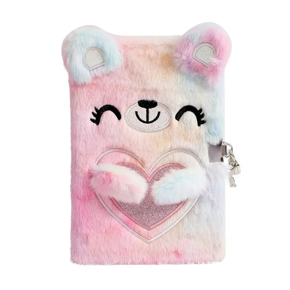 Cartoon Bear Plush Lock Notebook A5 Tie-Dye Diary Journal for Girls – Cute Stationery Gift