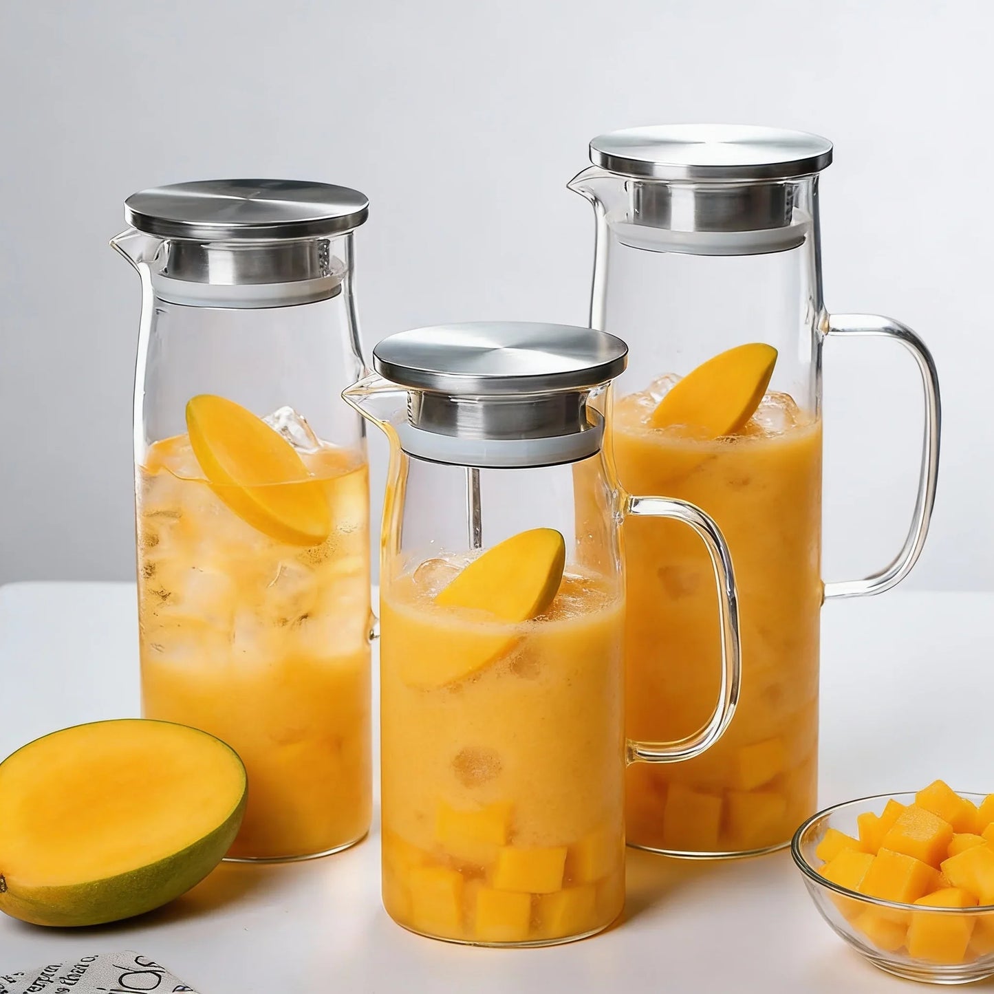 Borosilicate Glass Water Pitcher - 1L/1.5L Straight Juice Jug with Stainless Steel Lid for Coffee & Drinks