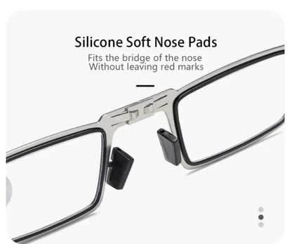 Unisex Folding Reading Glasses – Full Metal Frame, Transparent Lenses, Anti-Blue Light with Case