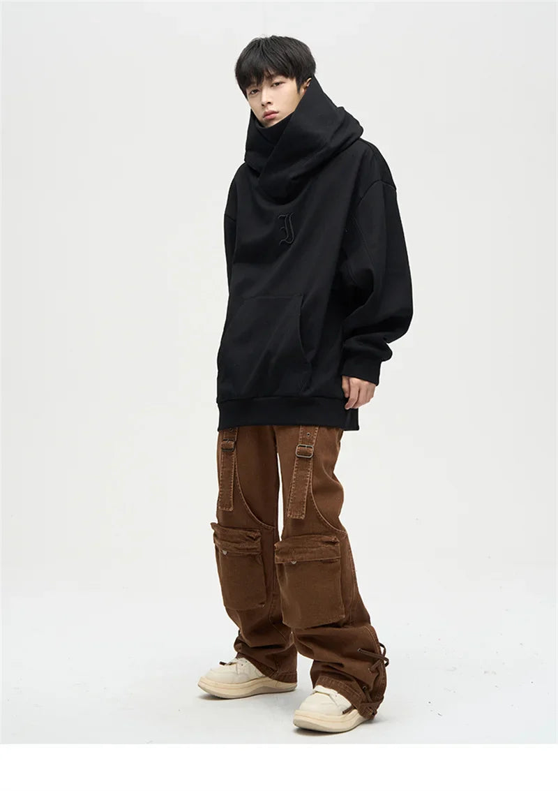 Autumn Ninja Streetwear Turtleneck Hoodie for Men – Letter Embroidered Hip Hop Fashion Sweatshirt, Y2K Vintage Fleece