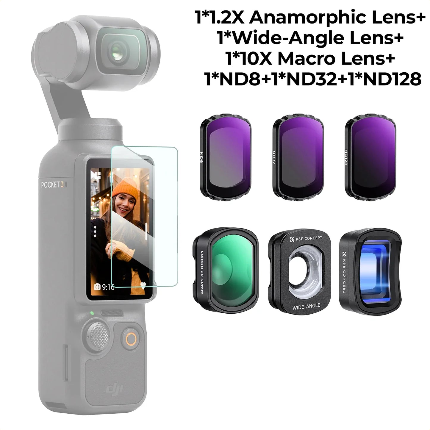 K&F Concept Filter Set for DJI Osmo Pocket 3 – UV, CPL, ND/PL, Black Mist, Star & 1.2X Wide-Angle Lens Effects