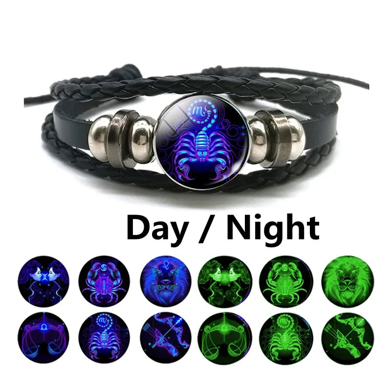 New Men's 12 Constellation Black Braided Leather Bracelet – Punk Style Zodiac Sign Multilayer Wrap Bracelet for Birthday Gifts