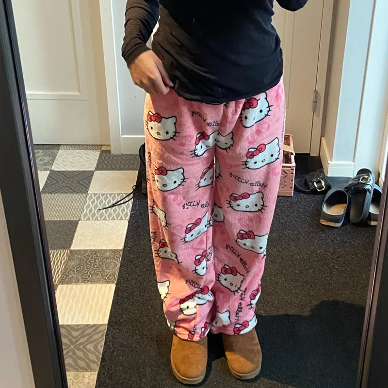 Kawaii Hello Kitty Flannel Pajama Pants – Warm Woolen Anime Trousers for Women, Cute Autumn Loungewear Gift