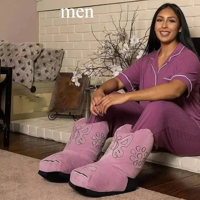 Cowboy Boot Slippers - Plush Western-Style Fuzzy House Boots for Adults