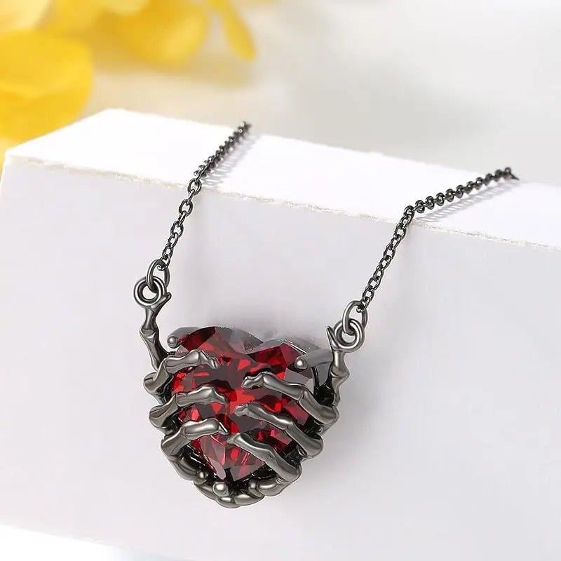 Exaggerated Punk Gothic Heart Ghost Claw Pendant Necklace — Dark Red Fashion Jewelry for Women & Men