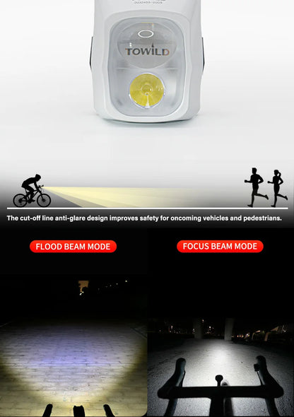 TOWILD DL1700 LED Bicycle Light – 1900LM Rechargeable Front Light with Focus & Flood Beam, Power Bank Function
