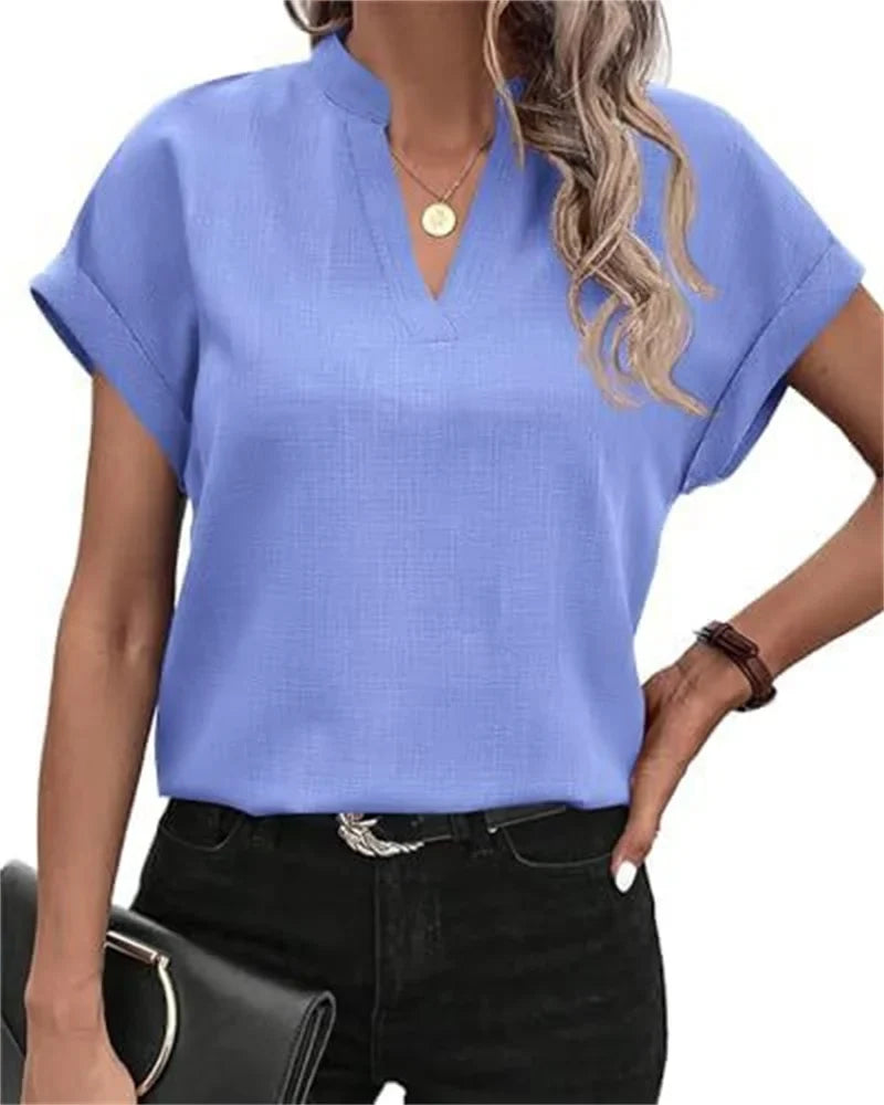 Women’s V-Neck Linen Blend Blouse - Textured Short Sleeve Relaxed Fit Casual Summer Shirt
