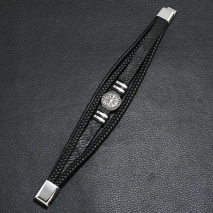 Fashion Men’s Multi-Layer Braided Leather Bracelet – Scripture, Compass & Evil Eye Design
