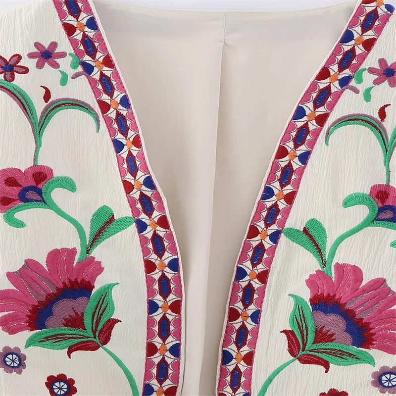 KEYANKETIAN Women's Vintage Floral Embroidered Open Waistcoat – National Style Vest Jacket, Casual Vacation Crop Top