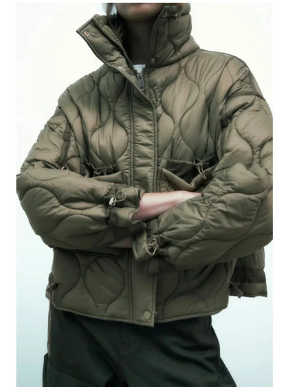 2024 ETJ Quilted Women's Coat – Beige Drawstring High Neck Jacket with Ties & Pockets