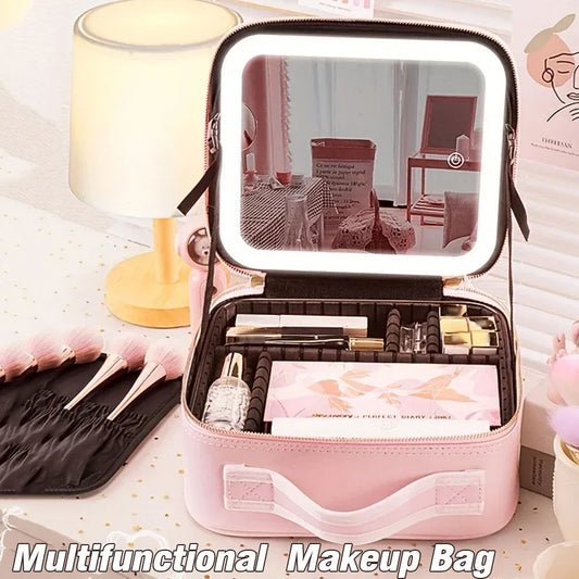 LED Lighted Cosmetic Case with Mirror - PU Leather Portable Travel Makeup Bag - Waterproof Makeup Storage