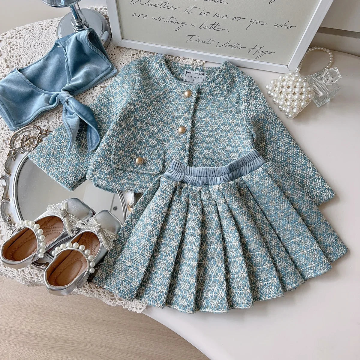 Girls' French Style Spring & Autumn Set 2025 – Baby Girl Two-Piece Outfit with Little Coat & Folding Skirt