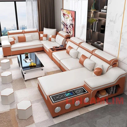 Linlamlim Modern Sectional Sofa Set - Fabric Chaise Lounge with Bluetooth Speakers & USB Charging Ports for Living Room