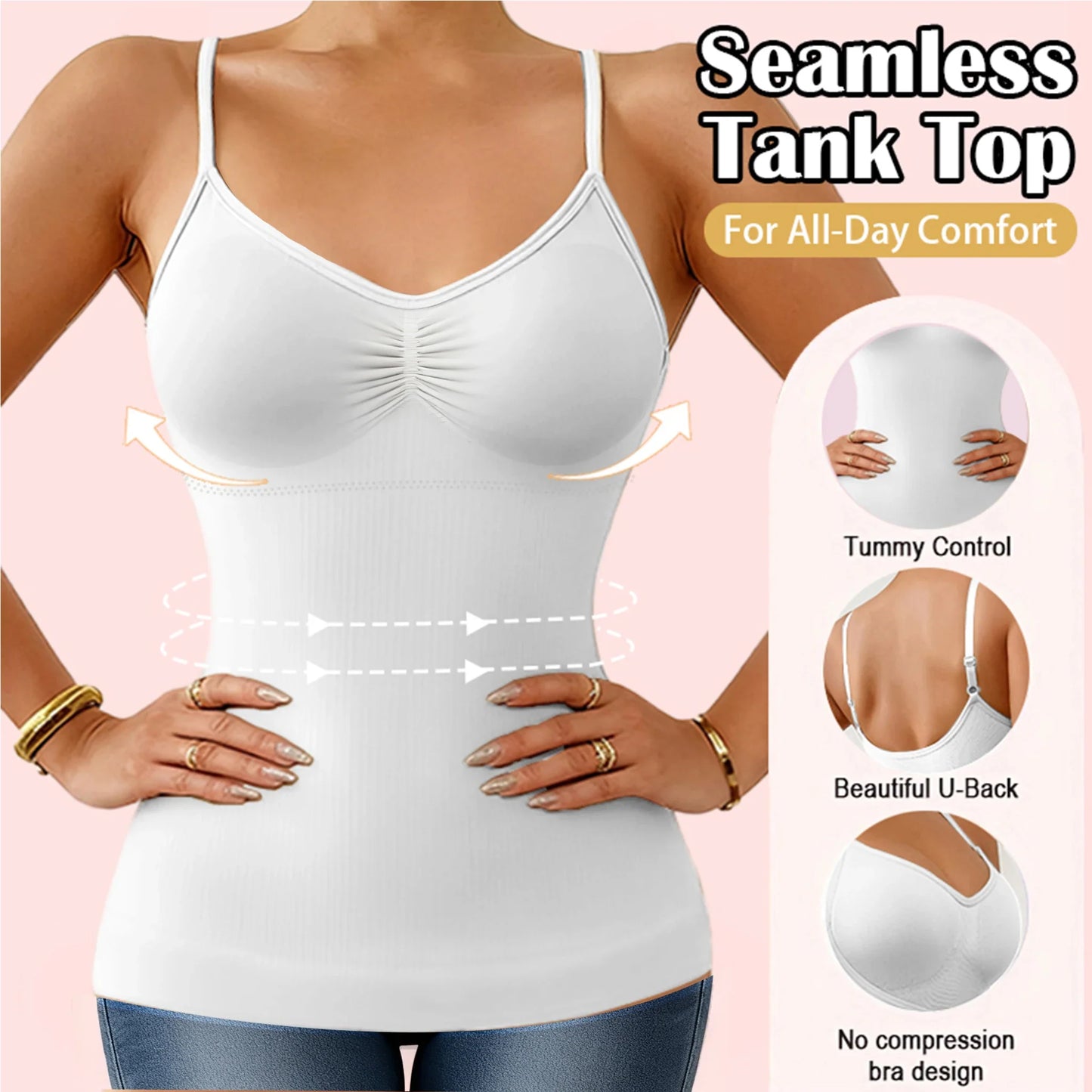 Women’s Tummy Control Shapewear Cami - Built-In Bra Slimming Tank Top Body Shaper Vest