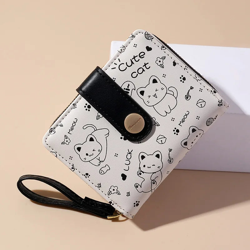 Japanese Cute Cat Wallet for Girls – Short Zipper Wallet, ID & Bank Card Holder, Coin Purse & Key Storage for Women