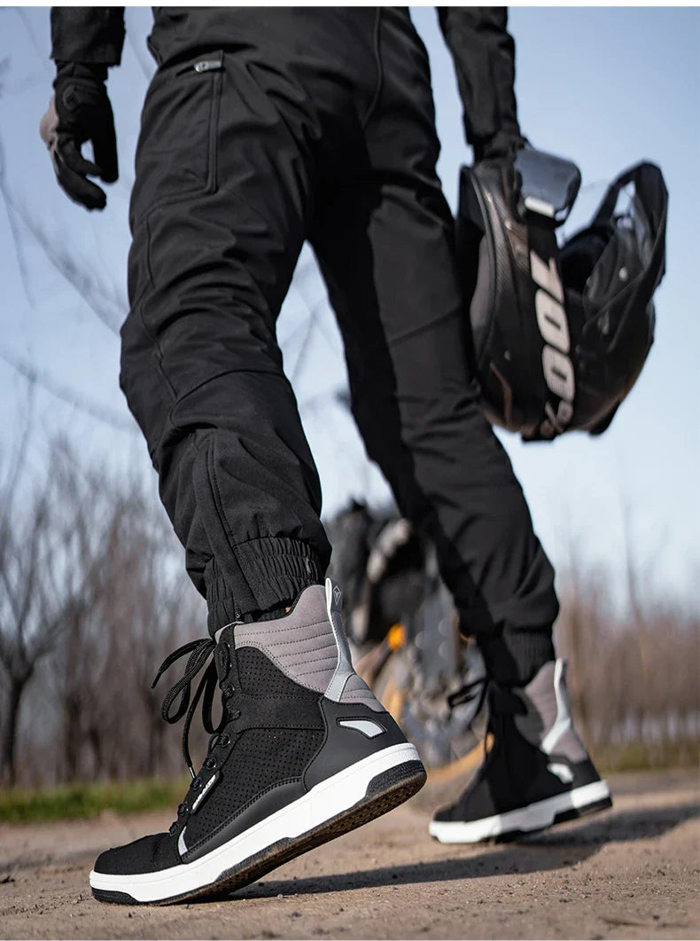 Men’s Motorcycle Boots - Breathable Anti-Fall, Road Racing Rider Shoes with Gear Shift Rubber Sole, Reflective Motorbike Boots