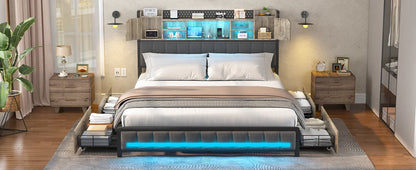 Full Size Upholstered Bed Frame with Storage Drawers, Bookcase Headboard, LED Lights & USB Charging Station
