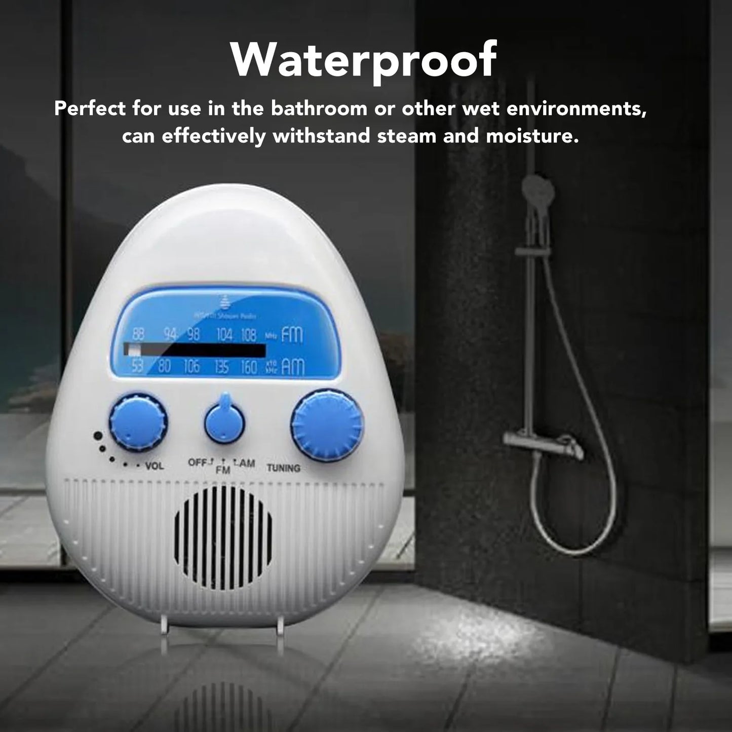 Waterproof AM/FM Shower Radio – Portable Bathroom Radio with Built-In Speaker and Battery Operation