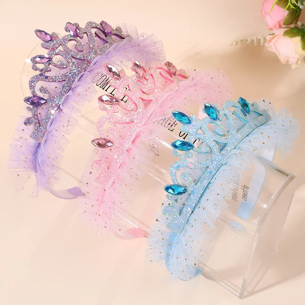 Girls Glitter Princess Tiara Headband - Lace Tulle Rhinestone Crown for Birthday Parties