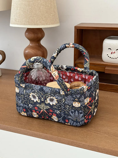 Quilted Fabric Desktop Storage Basket – Large Home Organizer for Snacks, Laundry & Miscellaneous Items, Garden Style Design
