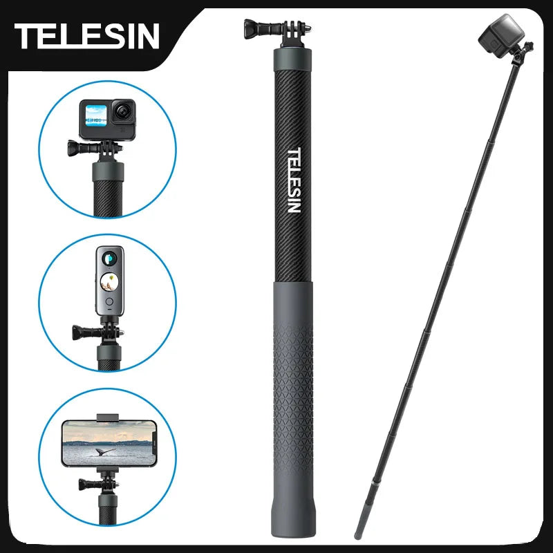 TELESIN 1.2M/3M Carbon Fiber Selfie Stick Monopod - Extendable with 1/4'' Screw for GoPro, Insta360, Osmo Action, DJI Action Camera
