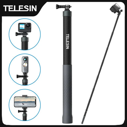 TELESIN 1.2M/3M Carbon Fiber Selfie Stick Monopod - Extendable with 1/4'' Screw for GoPro, Insta360, Osmo Action, DJI Action Camera