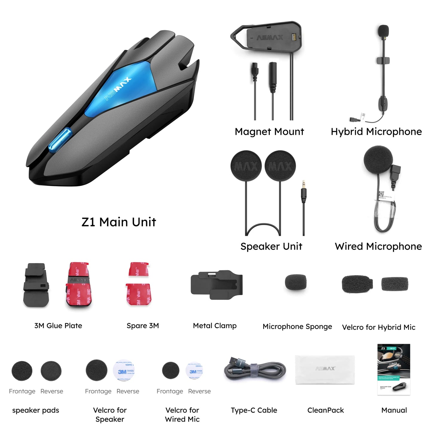 ASMAX Z1 Motorcycle Bluetooth Intercom — IP67 Waterproof Helmet Headset with 2-Chip 8-Core, HiFi Speakers, ENC, Fast Charging