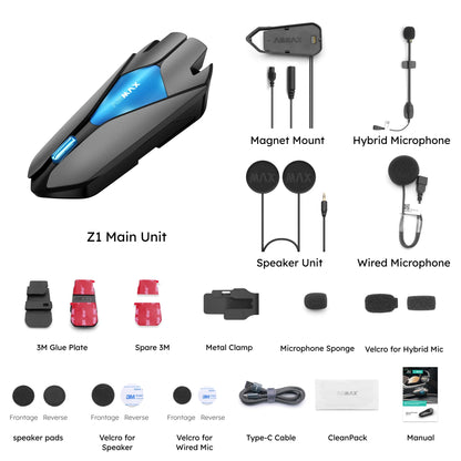 ASMAX Z1 Motorcycle Bluetooth Intercom — IP67 Waterproof Helmet Headset with 2-Chip 8-Core, HiFi Speakers, ENC, Fast Charging