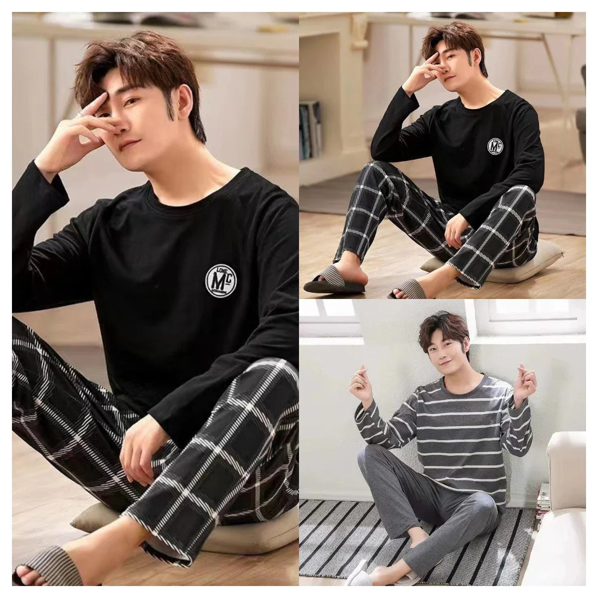 Men's Summer 2024 Long-Sleeve Pyjama Set — Black Plaid Two-Piece Home & Casual Wear, Large Size