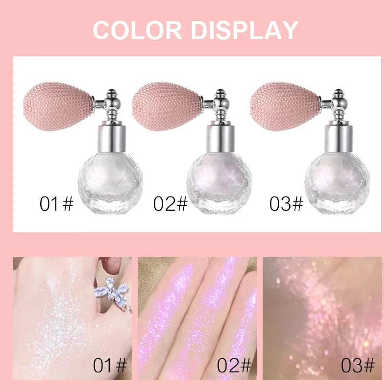 High Gloss Glitter Highlighter Powder Spray: Shimmer Sparkle Makeup for Face & Body