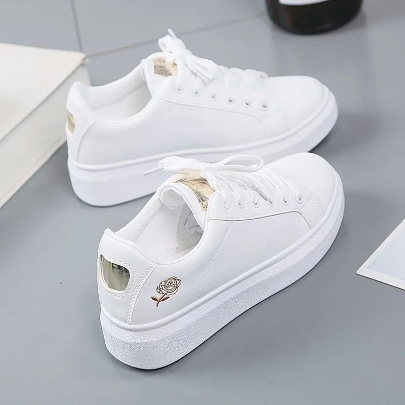 Women’s White Embroidered Sneakers - Breathable PU Leather Casual Lace-Up Shoes