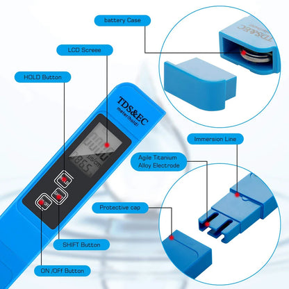 TDS Meter Digital Water Tester - High Accuracy 0-14 PH, 0-9990ppm TDS & EC Meter with LCD for Aquariums & Filters