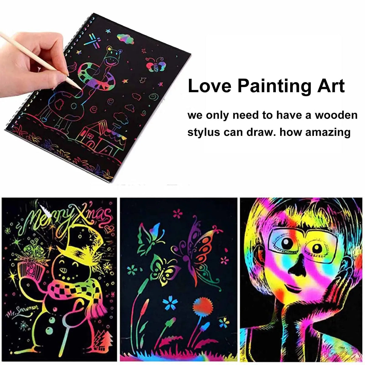 2 Pack Rainbow Scratch Paper Art Book: Children's DIY Rainbow Art Paper Card with Wood Stick - Neon Scratch Book
