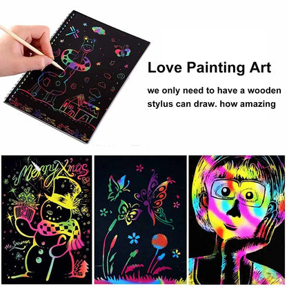 2 Pack Rainbow Scratch Paper Art Book: Children's DIY Rainbow Art Paper Card with Wood Stick - Neon Scratch Book