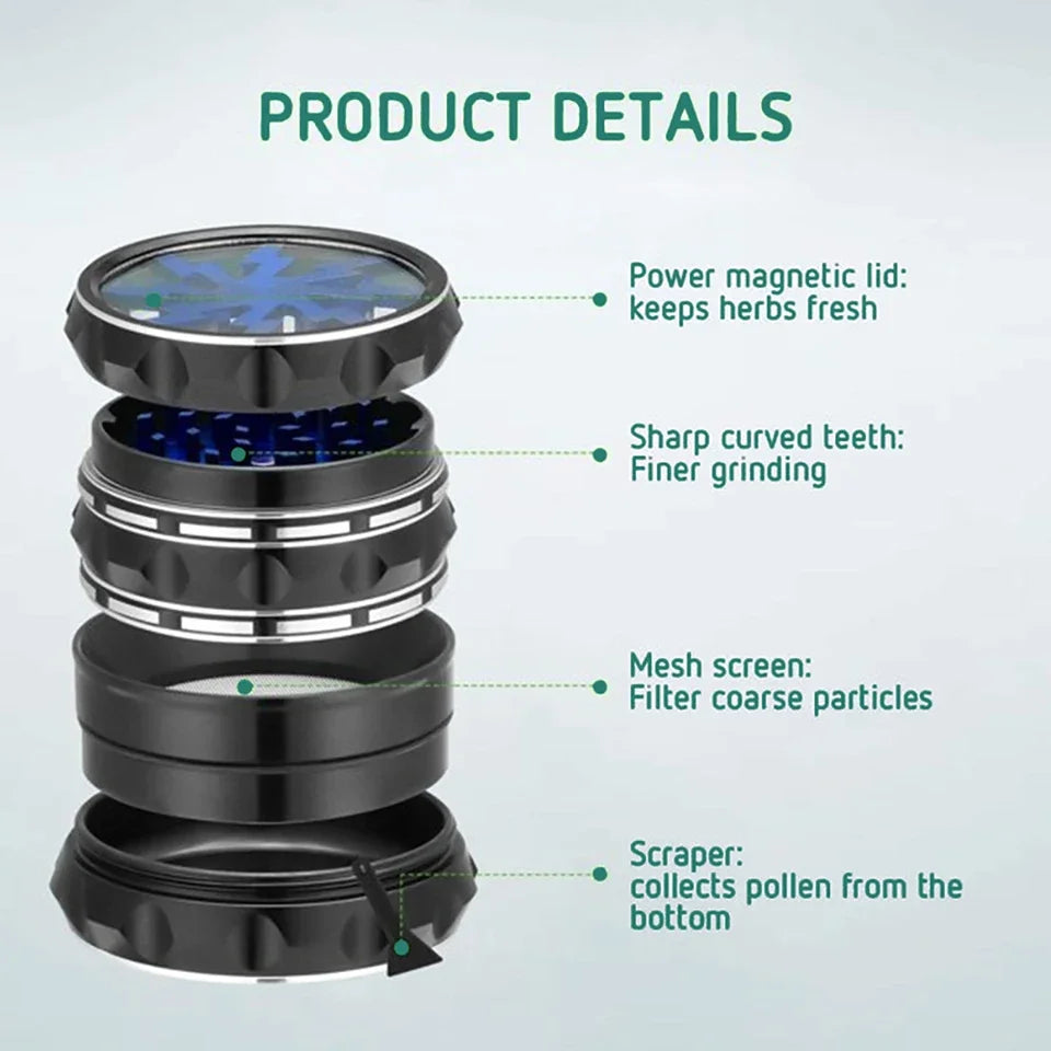 63mm 4-Layer Herb Grinder — Aluminum Alloy Spice Cutter with Lightning-Shaped Transparent Design