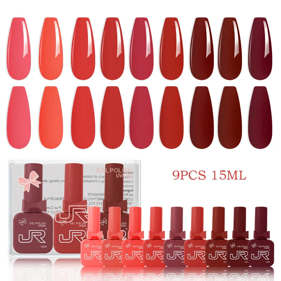 JR 9pcs Gel Nail Polish Set 15ml – Red, Pink, Nude UV LED Soak-Off Kit with Top & Base Coat for DIY Manicure & Gifts