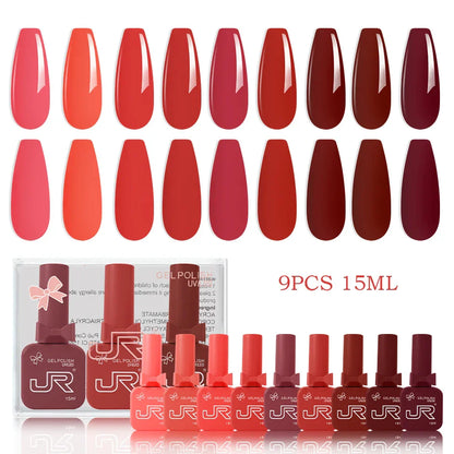 JR 9pcs Gel Nail Polish Set 15ml – Red, Pink, Nude UV LED Soak-Off Kit with Top & Base Coat for DIY Manicure & Gifts