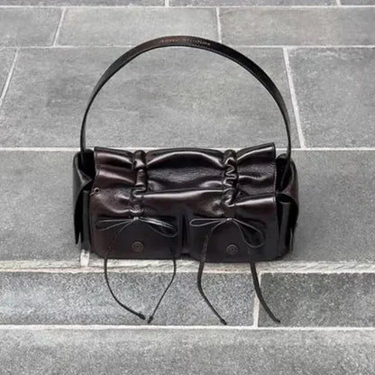 2024 Distressed PU Leather Rivet Bow Shoulder Bag – Pleated Underarm Luxury Handbag for Women