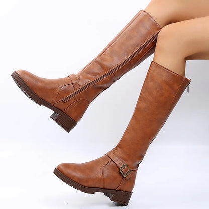 Women’s Knee-High Platform Boots – Low Heel Round Toe Brown PU Leather Long Boots with Zipper, Vintage Style 2025