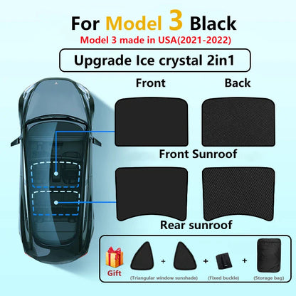Split Sunshade for Tesla Model 3 (2017-2023) & Model Y – Front & Rear Sunroof Windshield Skylight Glass Roof Cooling Shade