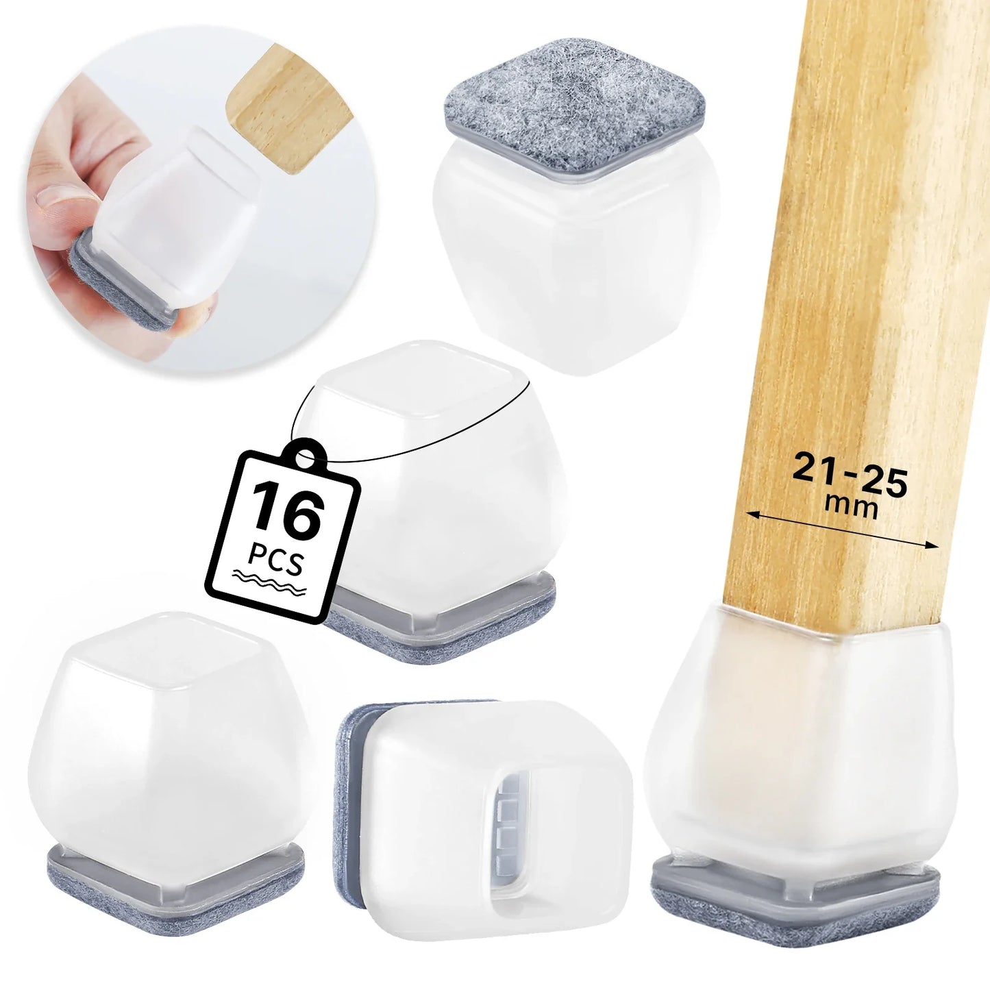 16PCS Silicone Chair Leg Pads — Non-Slip Felt Furniture Floor Protectors for Noise Reduction & Scratch Prevention