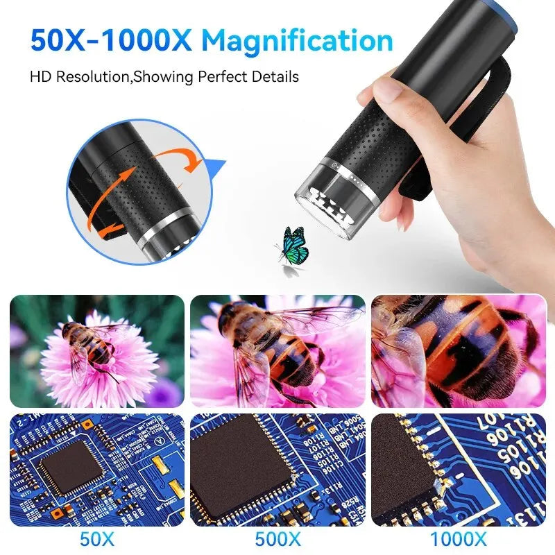 WiFi Digital Microscope Camera — 50X-1000X Zoom 2MP USB Magnifier for Skin Inspection, Repair, Android, iOS, PC