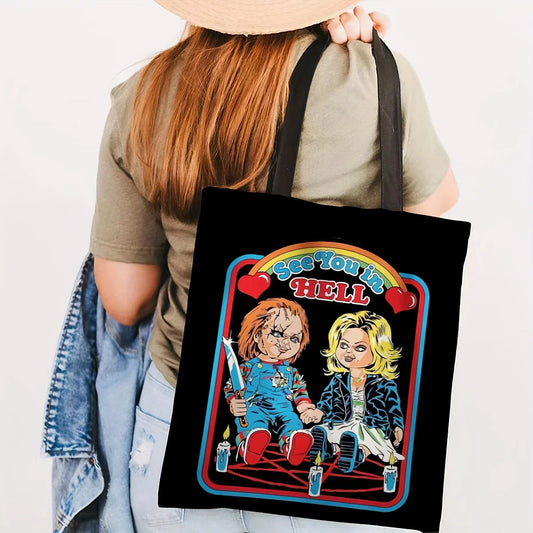 Halloween Funny Cartoon Horror Movie Tote Bag - Large Capacity Canvas Shoulder Bag, Perfect for Halloween Shopping & Festivals