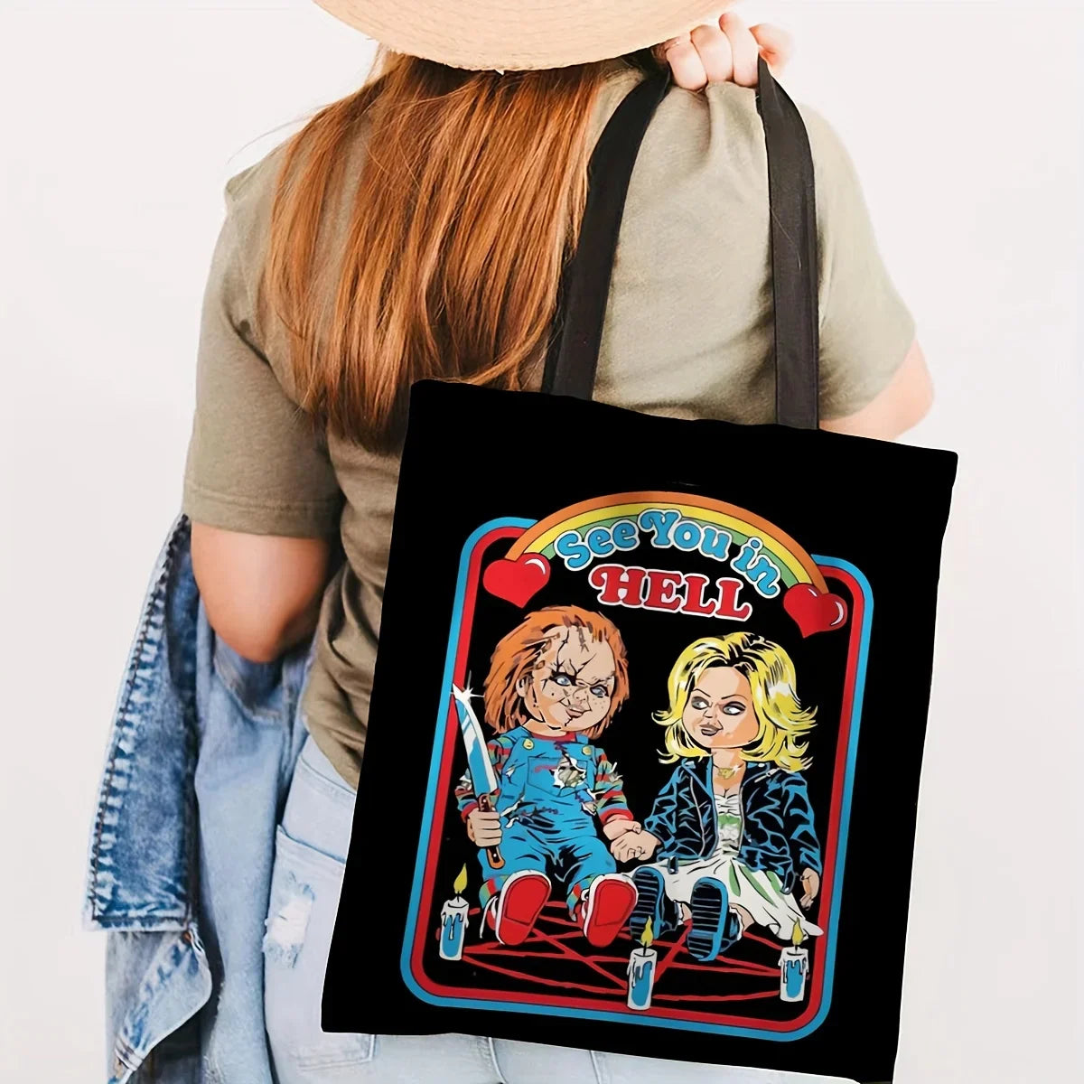 Halloween Funny Cartoon Horror Movie Tote Bag - Large Capacity Canvas Shoulder Bag, Perfect for Halloween Shopping & Festivals