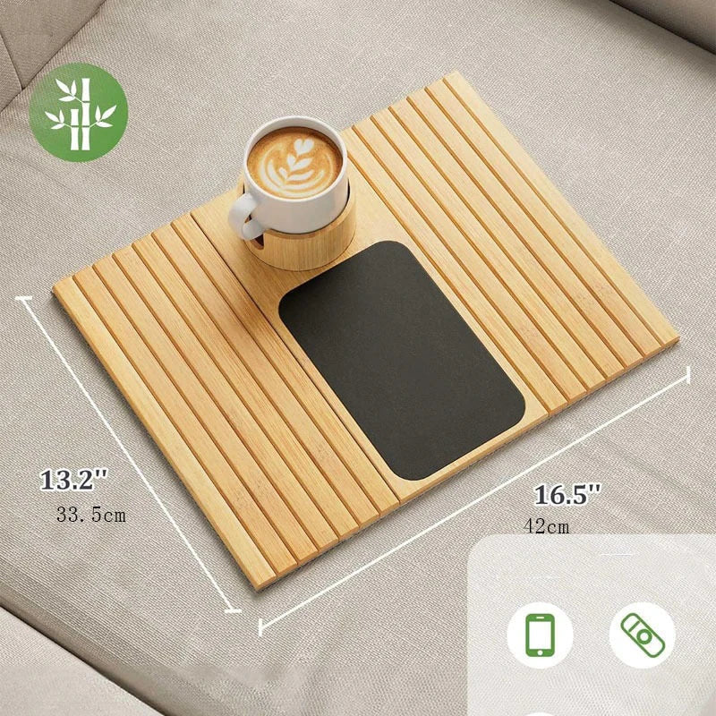 Bamboo Couch Cup Holder – Anti-Slip Foldable Sofa Armrest Tray for Cups, Snacks & Remote Control   1/2